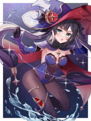 Rule 34 | 1girl, aqua eyes, black ribbon, bodystocking, breasts, fur collar, genshin impact, hair ribbon, hat, highres, long hair, looking at viewer, mona (genshin impact), open mouth, ougi (u to4410), purple hair, purple hat, ribbon, small breasts, solo, twintails, water drop, witch hat
