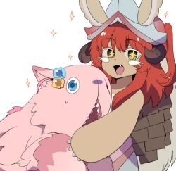 Rule 34 | + +, 1girl, 1other, absurdres, ahoge, animal ears, bocchi the rock!, body fur, brown fur, commentary, cube hair ornament, detached ahoge, ears through headwear, fake horns, furry, gotoh hitori, hair ornament, helmet, highres, hinghoi, horizontal pupils, horned helmet, horns, kita ikuyo, long hair, made in abyss, mitty (made in abyss), nanachi (made in abyss), one side up, puffy pants, red hair, side ahoge, smile, topless, whiskers