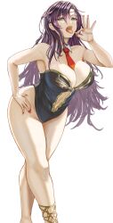 Rule 34 | 1girl, anklet, bare shoulders, black leotard, breasts, circlet, cleavage, commission, covered navel, detached collar, feet out of frame, fellatio gesture, fingernails, fire emblem, fire emblem: the blazing blade, hand on own hip, highleg, highleg leotard, highres, jewelry, large breasts, leaning forward, legs, leotard, long hair, looking at viewer, mature female, necktie, nintendo, open mouth, pixiv commission, playboy bunny, plunging neckline, purple hair, red nails, solo, sonia (fire emblem), strapless, strapless leotard, thighs, tongue, tongue out, waizumi (vestineislancer), yellow eyes