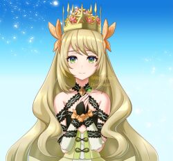 Rule 34 | 1girl, alflay1awalay1a, bare shoulders, blonde hair, butterfly hair ornament, celine (fire emblem), crown, detached sleeves, dress, fire emblem, fire emblem engage, green dress, green eyes, hair ornament, long hair, looking at viewer, nintendo, own hands together, smile, solo, twitter username, upper body