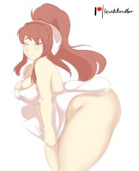 Rule 34 | 1girl, absurdres, artist name, ass, blush, breasts, brown hair, cleavage, curvy, doki doki literature club, dress, green eyes, highres, huge ass, large breasts, lewddoodler, long hair, looking at viewer, monika (doki doki literature club), no panties, ponytail, smile, solo, thick thighs, thighs, white background, white dress