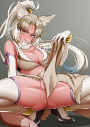 Rule 34 | 1girl, animal ear fluff, animal ears, arm at side, ass, bare shoulders, blue hair, blush, breasts, brown hair, cleavage, clothes lift, detached collar, elbow gloves, facial mark, fang, floating hair, forehead mark, fur collar, gloves, grey hair, hand up, high ponytail, highres, indian wolf (kemono friends), kemono friends, large breasts, leaning back, lifted by self, long hair, looking at viewer, midriff, morimasakazu, multicolored hair, navel, no panties, open mouth, paid reward available, partially visible vulva, sarong, sarong lift, seductive smile, shiny skin, shoes, smile, solo, spread legs, squatting, stomach, strap gap, sweat, tail, tan, teasing, thighhighs, thighs, very long hair, wolf ears, wolf girl, wolf tail, yellow eyes