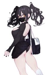 Rule 34 | 1girl, ?, absurdres, alternate costume, ass, back cutout, black hair, black mask, black panties, black shirt, black skirt, breasts, cleavage cutout, clothing cutout, ear piercing, eonsang, feet out of frame, fingernails, girls&#039; frontline, highres, jewelry, large breasts, looking at viewer, looking back, mask, mouth mask, nail polish, panties, piercing, pleated skirt, ring, scarecrow (girls&#039; frontline), shirt, simple background, skirt, socks, solo, striped clothes, striped shirt, twintails, twitter username, underwear, white background, white socks