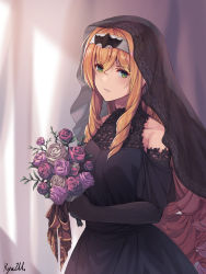 Rule 34 | 1girl, absurdres, artist name, bat hair ornament, black dress, black gloves, blonde hair, bouquet, braid, clothing cutout, dress, elbow gloves, epic seven, flower, gloves, green eyes, grey background, hair between eyes, hair ornament, hairband, highres, holding, holding bouquet, lidica (epic seven), long hair, looking at viewer, parted lips, pink flower, pink rose, red flower, red rose, rose, ryuzu (wjdgusals01), short sleeves, shoulder cutout, signature, solo, standing, twin braids, white flower, white hairband, white rose
