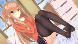 Rule 34 | 1girl, 2024, arm under breasts, black thighhighs, blush, brown hair, brown skirt, character request, commentary, commission, dated, day, dutch angle, english commentary, eyelashes, eyes visible through hair, feet, full body, hair between eyes, hair ribbon, half updo, hand up, heart, highres, holydora, indoors, legs, legs together, long hair, looking at viewer, miniskirt, no shoes, on bed, open mouth, pleated skirt, red ribbon, red sweater, ribbon, shihadasabo, short ponytail, sidelocks, signature, sitting, skirt, sleeves past wrists, soles, solo, straight hair, sweater, swept bangs, thighhighs, thighs, toes, tsurime, very long hair, window, yellow eyes