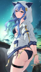 Rule 34 | 1girl, animal ears, ass, bikini, black bikini, blue eyes, blue hair, bowsan, bracelet, breasts, butt crack, closed mouth, commentary request, earrings, fake animal ears, highres, holding, holding shoes, hololive, hood, hooded jacket, hoodie, hoshimachi suisei, jacket, jewelry, shoes, sky, small breasts, solo, star (sky), starry sky, swimsuit, thigh strap, twilight, unworn shoes, virtual youtuber