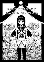 Rule 34 | 1girl, akemi homura, argyle, bow, bowtie, capelet, check commentary, collared capelet, comic, comic cover, commentary, commentary request, dress, floral background, flower, frilled skirt, frills, greyscale, hairband, holding, holding photo, iei, long hair, long sleeves, magical girl, mahou shoujo madoka magica, miniskirt, monochrome, no+bi=, no mouth, photo (object), pleated skirt, shaft look, skirt, spider lily, thighhighs