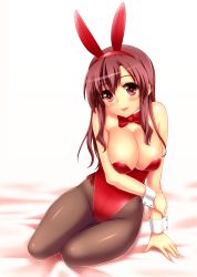 Rule 34 | 1girl, :p, animal ears, bare shoulders, blush, bow, bowtie, breasts, cleavage, fake animal ears, highres, large breasts, long hair, looking at viewer, original, pantyhose, playboy bunny, rabbit ears, red eyes, red hair, solo, surume (clavis), tongue, tongue out, wrist cuffs