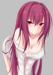 Rule 34 | 1girl, alternate costume, blush, breasts, casual, cleavage, fate/grand order, fate (series), grey background, highres, kesoshirou, large breasts, long hair, looking at viewer, purple hair, red eyes, scathach (fate), scathach (fate), simple background, smile, solo, sweater