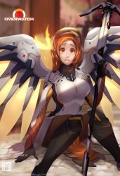 Rule 34 | 1girl, absurdres, arm support, artoflariz, bleach, bodysuit, breasts, copyright name, cosplay, crossover, highres, inoue orihime, knees together feet apart, large breasts, looking at viewer, mechanical wings, mercy (overwatch), mercy (overwatch) (cosplay), open mouth, orange eyes, orange hair, overwatch, overwatch 1, pantyhose, photoshop (medium), solo, teeth, wings