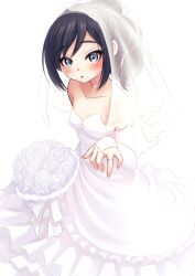 Rule 34 | 1girl, absurdres, alternate costume, asashio (kancolle), black hair, blue eyes, bridal veil, commentary request, dress, feet out of frame, highres, jewelry, kantai collection, long hair, makura (y makura), ring, solo, strapless, strapless dress, veil, wedding dress, wedding ring, white dress