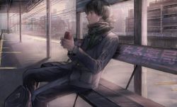 Rule 34 | 1boy, absurdres, bag, bench, black eyes, black hair, black scarf, blue bag, blue suit, building, can, closed mouth, formal, green necktie, highres, holding, holding can, house, huge filesize, male focus, necktie, original, outdoors, scarf, sitting, solo, steam, suit, train station, unknown (jckvuzuqjnpdie3)