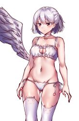 Rule 34 | 1girl, :t, absurdres, arms at sides, bad id, bad pixiv id, bare arms, bare shoulders, bell, bra, breasts, cat cutout, cat ear panties, cat lingerie, choker, cleavage, cleavage cutout, closed mouth, clothing cutout, collarbone, cowboy shot, dark jewel (gem oblivion), feathered wings, frilled bra, frills, gluteal fold, groin, highres, hip focus, jingle bell, kishin sagume, looking to the side, medium breasts, meme attire, navel, neck bell, panties, pout, red eyes, short hair, side-tie bottom, side-tie panties, silver hair, simple background, single wing, solo, stomach, thighhighs, touhou, tsurime, underwear, underwear only, walking, white background, white bra, white thighhighs, white wings, wings