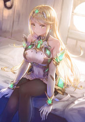 Rule 34 | 1girl, absurdres, anbe yoshirou, bed, black pantyhose, blonde hair, breasts, chest jewel, gloves, highres, jewelry, large breasts, mythra (massive melee) (xenoblade), mythra (xenoblade), nintendo, on bed, pantyhose, sitting, solo, super smash bros., xenoblade chronicles (series), xenoblade chronicles 2