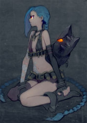 Rule 34 | 1girl, asymmetrical legwear, bare shoulders, belt, bikini, bikini top only, blue hair, boots, braid, bullet, clenched teeth, elbow gloves, fingerless gloves, flat chest, full body, gloves, hairline, highres, jewelry, jinx (league of legends), league of legends, lipstick, long hair, looking away, makeup, nail polish, navel, necklace, orange eyes, profile, saliva, shorts, simple background, sitting, solo, swimsuit, tattoo, tears, teeth, thighhighs, twin braids, umezawa michiko, uneven legwear, very long hair, wariza, weapon