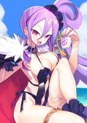 Rule 34 | 1girl, beach, black cape, black one-piece swimsuit, blue sky, breasts, cape, cleavage, earrings, fate/grand order, fate (series), fur-trimmed cape, fur trim, groin, hair between eyes, hair ornament, hair scrunchie, highleg, highleg swimsuit, highres, jewelry, knee up, large breasts, long hair, looking at viewer, lotion bottle, navel, negi (ulog&#039;be), one-piece swimsuit, open mouth, purple eyes, purple hair, scrunchie, side-tie swimsuit, side ponytail, sideboob, sidelocks, sitting, sky, smile, solo, swimsuit, thighlet, thighs, very long hair, wrist scrunchie, wu zetian (fate), wu zetian (swimsuit caster) (fate), wu zetian (swimsuit caster) (first ascension) (fate)