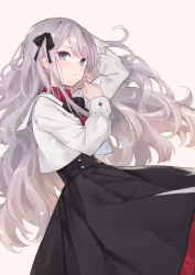 Rule 34 | 1girl, :o, black bow, black bowtie, black ribbon, black skirt, blush, bow, bowtie, collared shirt, commentary request, grey background, hair ribbon, high-waist skirt, highres, jacket, kobuta, long hair, long skirt, long sleeves, looking at viewer, one-piece swimsuit, original, parted lips, red shirt, ribbon, shirt, silver hair, skirt, solo, swimsuit, very long hair, wavy hair, white jacket