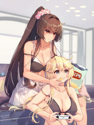 Rule 34 | + +, 2girls, artist name, blonde hair, blue eyes, breasts, brown hair, chips (food), cleavage, controller, couch, dated, eating, feeding, food, hair between eyes, highres, himeyamato, holding, holding controller, iowa (kancolle), kantai collection, large breasts, long hair, multiple girls, red eyes, skirt, star-shaped pupils, star (symbol), symbol-shaped pupils, yamato (kancolle)