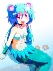 Rule 34 | 1girl, :d, aqua hair, blush, clam, collarbone, gem, groin, hair ornament, highres, jewelry, long hair, mermaid, monster girl, muromi-san, namiuchigiwa no muromi-san, navel, necklace, open mouth, pearl (gemstone), red eyes, seashell, shell, sitting, smile, solo, starfish, sw (taco), twintails, two side up, very long hair