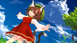 Rule 34 | 1girl, animal ear fluff, animal ears, blue sky, brown hair, cat ears, cat tail, chen, closed mouth, cloud, dress, fingernails, grass, green hat, hat, highres, long fingernails, long sleeves, looking at viewer, mob cap, multiple tails, nail polish, nekomata, outdoors, outstretched arms, red dress, red eyes, red nails, short hair, sky, solo, standing, tail, tobenai todo, touhou, tree