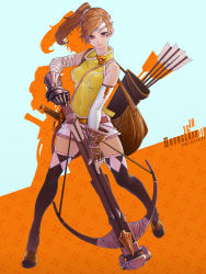 Rule 34 | 1girl, arm wrap, arrow (projectile), bag, bare shoulders, belt, belt buckle, between breasts, bow (weapon), breasts, brown footwear, brown gloves, brown hair, brown thighhighs, buckle, closed mouth, covered erect nipples, crossbow, fingerless gloves, full body, gauntlets, gloves, hair ornament, hair tie, headband, high ponytail, highres, holding, holding bow (weapon), holding crossbow, holding weapon, jian jiao doufu rou mantou, legs apart, lips, looking at viewer, medium breasts, original, pink lips, ponytail, quiver, shirt, shoes, short hair, short shorts, shorts, shoulder bag, single glove, skin tight, sleeveless, sleeveless shirt, solo, standing, thighhighs, turtleneck, weapon, white gloves, white shorts, yellow shirt