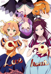 Rule 34 | 10s, 3girls, absurdres, apple, blue eyes, bracelet, breasts, cleavage, cosplay, earrings, food, freyja wion, fruit, halloween, heart, highres, jack-o&#039;-lantern, jewelry, large breasts, long hair, macross, macross delta, mikumo guynemer, mirage farina jenius, multicolored hair, multiple girls, nail polish, official art, pointy ears, ponytail, purple hair, red eyes, shirakawa ayako, short hair, snow white, snow white (cosplay), snow white and the seven dwarfs, two-tone hair