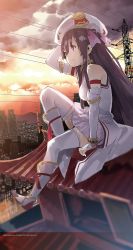 Rule 34 | boots, cable, cross regalia, detached sleeves, dress, hat, highres, nata (cross regalia), ribbon, rooftop, solo, sunset, town, white legwear, yuugen