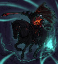 Rule 34 | 1boy, armor, cape, glowing, headless horseman, horse, original, pumpkin, spacezin, sword, weapon