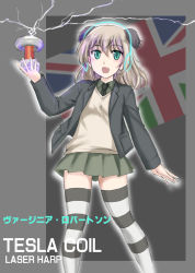 Rule 34 | 1girl, :d, animal ears, aqua eyes, black necktie, black thighhighs, blazer, brown shirt, brown skirt, brown sweater, character name, commentary request, cowboy shot, dress shirt, english text, hirschgeweih antennas, holding, jacket, light brown hair, long sleeves, looking at viewer, luminous witches, medium hair, military, military uniform, necktie, open clothes, open jacket, open mouth, outline, shirt, skirt, smile, solo, standing, striped, sweater, tesla coil, thighhighs, translated, uniform, union jack, v-neck, virginia robertson, wan&#039;yan aguda, white outline, wing collar, world witches series, zettai ryouiki
