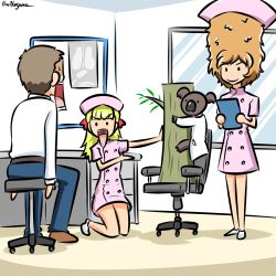 Rule 34 | 1boy, 2girls, :d, afro, blonde hair, blunt bangs, bow, chair, clipboard, closed mouth, commentary, dress, gesture, girls und panzer, hair bow, hat, holding, holding clipboard, indoors, jaw drop, kamonohashi (girls und panzer), kneeling, koala, kogane (staygold), lab coat, long hair, looking at another, lowres, messy hair, multiple girls, nurse cap, office chair, open mouth, orange hair, pink dress, pink headwear, red bow, shoes, short dress, short sleeves, smile, solid circle eyes, standing, stool, sweatdrop, swivel chair, tree stump, twitter username, wallaby (girls und panzer), white footwear, window