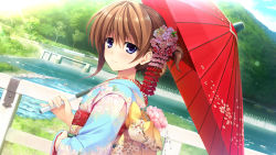 Rule 34 | 1girl, blue eyes, blush, brown hair, floral print, flower, game cg, hair ornament, hayase chitose (pretty x cation), highres, japanese clothes, kimono, looking at viewer, obi, pretty x cation 2, sash, smile, solo, umbrella