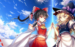 Rule 34 | 2girls, apron, ascot, beam, black hair, black hat, black skirt, blonde hair, blue sky, bow, braid, buttons, cloud, commentary, day, detached sleeves, hair bow, hair tubes, hakurei reimu, hat, hat bow, highres, holding hands, kirisame marisa, long hair, md5 mismatch, meilynn-hayakan, midriff, multiple girls, navel, outdoors, purple bow, red bow, red eyes, red skirt, resolution mismatch, ribbon-trimmed sleeves, ribbon trim, sarashi, side braid, skirt, sky, sleeves past wrists, smile, source smaller, touhou, waist apron, watermark, witch hat, yellow ascot, yellow eyes