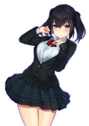 Rule 34 | 1girl, black hair, blazer, blue eyes, blush, bow, cowboy shot, hand on own chest, highres, jacket, kagematsuri, leaning to the side, looking at viewer, original, school uniform, short hair, short twintails, sidelocks, skirt, solo, thigh gap, twintails