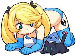 Rule 34 | 1girl, :o, all fours, animal, bachera, bare shoulders, bikini, black cat, black eyes, black ribbon, blonde hair, blue bikini, blue gloves, blue pupils, blue thighhighs, blush stickers, breasts, cat, colored shadow, commentary, elbow gloves, flying sweatdrops, full body, gloves, hair ribbon, long hair, looking to the side, no shoes, original, pakky (bachera), parted lips, ribbon, shadow, simple background, small breasts, solo, swimsuit, thighhighs, twintails, white background