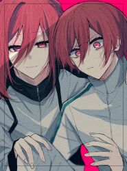 Rule 34 | 2boys, age comparison, blue lock, chigiri hyoma, closed mouth, collared jacket, highres, jacket, knee up, long hair, long sleeves, male focus, multiple boys, natsuneco 02, pink background, red eyes, red hair, short hair, sweatdrop, upper body, white jacket