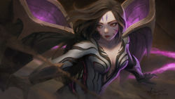 Rule 34 | 1girl, armored gloves, artist name, black hair, breasts, breasts apart, commentary, dao trong le, dated, english commentary, facial mark, forehead mark, highres, kai&#039;sa, league of legends, lips, long hair, looking past viewer, orange eyes, outstretched arms, parted bangs, parted lips, purple hair, signature, small breasts, solo, spread arms