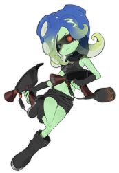 Rule 34 | 1girl, armpit crease, belt, black footwear, black tank top, blue hair, boots, colored skin, dual wielding, fingerless gloves, gloves, goggles, gradient hair, green hair, green skin, gun, highres, holding, holding gun, holding weapon, lat latte71, leg warmers, multicolored hair, multiple belts, navel, nintendo, octoling, octoling girl, octoling player character, sanitized (splatoon), solo, splat dualies (splatoon), splatoon (series), splatoon 2, splatoon 2: octo expansion, splatoon 3, splatoon 3: side order, takozonesu, tank top, tentacle hair, two-tone hair, v-shaped eyebrows, weapon