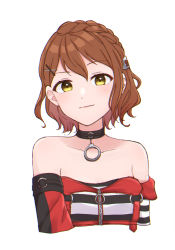 Rule 34 | alternate hairstyle, bare shoulders, blush, braid, breasts, brown hair, choker, collarbone, commentary, crop top, hair between eyes, hair ornament, hairclip, idolmaster, idolmaster million live!, idolmaster million live! theater days, kasuga mirai, ktmtry, looking at viewer, medium breasts, medium hair, red shirt, shirt, simple background, smile, solo, striped clothes, striped sleeves, upper body, white background, yellow eyes, zipper