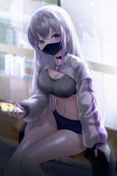 Rule 34 | 1girl, absurdres, blush, breasts, cellphone, cleavage, grey hair, highres, holding, large breasts, light purple hair, long hair, long sleeves, looking at viewer, mask, multicolored hair, navel, original, phone, purple eyes, shira jun, short shorts, shorts, sitting, smartphone, solo, sports bra, two-tone hair
