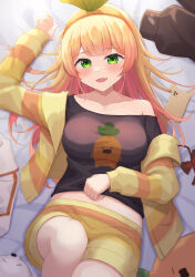 Rule 34 | 1girl, :d, black shirt, blonde hair, blunt bangs, breasts, carrot print, clothes pull, collarbone, eyelashes, fang, fangs, feet out of frame, food print, from above, green eyes, hairband, hand up, highres, hololive, jacket, knee up, light blush, long hair, long sleeves, looking at viewer, lying, medium breasts, midriff peek, momosuzu nene, multicolored hair, navel, off-shoulder shirt, off shoulder, on back, on bed, open clothes, open jacket, open mouth, print shirt, pulling own clothes, shirt, shirt pull, short shorts, shorts, single bare shoulder, skin fang, skin fangs, smile, solo, striped clothes, striped jacket, striped shorts, two-tone hair, typho, virtual youtuber, yellow jacket, yellow shorts
