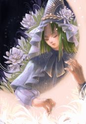 Rule 34 | 1girl, blue capelet, blue dress, blue headwear, blue ribbon, capelet, crescent moon, dress, closed eyes, flower, green hair, hat, hat flower, highres, lips, long sleeves, mima (touhou), moon, parted lips, ribbon, rylusus, touhou, touhou (pc-98), white flower, wizard hat