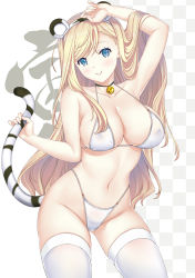 Rule 34 | 1girl, animal ears, arm up, bell, bikini, blonde hair, blue eyes, breasts, checkered background, chinese zodiac, cleavage, commentary request, contrapposto, hataraki kuma, highleg, highleg bikini, highleg swimsuit, jingle bell, large breasts, long hair, looking at viewer, original, smile, solo, standing, swimsuit, tail, thighhighs, tiger ears, tiger tail, white bikini, white thighhighs, year of the tiger