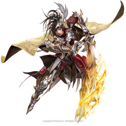 Rule 34 | 1boy, armor, bad id, bad pixiv id, black hair, cape, copyright notice, flaming sword, flaming weapon, gauntlets, greaves, male focus, original, shoulder spikes, slashing, solo, spikes, sword, victor bang, war of legions, weapon, white background, wing hair ornament