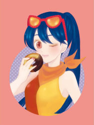 Rule 34 | 1girl, blue hair, brown eyes, choco fashion, doughnut, eyewear on head, food, jojon, lips, long hair, looking at viewer, mister donut, nail polish, old-fashioned doughnut, one eye closed, personification, pink nails, ponytail, simple background, sleeveless, solo, sunglasses, upper body