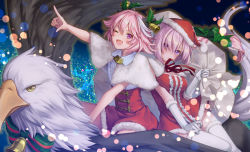 Rule 34 | 1boy, 1girl, :o, ;d, astolfo (fate), bell, black bow, bow, braid, capelet, christmas, crossdressing, dress, dress tug, eyes visible through hair, fang, fate/apocrypha, fate/grand order, fate (series), flying, frilled dress, frills, fur trim, gift bag, gloves, green bow, hair bell, hair bow, hair intakes, hair ornament, hair over one eye, hat, hippogriff, index finger raised, light purple hair, long braid, long hair, looking at viewer, mash kyrielight, multicolored hair, multiple riders, ne-on, one eye closed, open mouth, pink hair, pointing, purple eyes, red dress, riding, santa costume, santa hat, short dress, short hair, single braid, smile, streaked hair, trap, very long hair, white gloves, wind