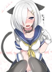 Rule 34 | 10s, 1girl, animal ears, black pantyhose, blue eyes, blush, breasts, cat ears, cat girl, collar, collarbone, female focus, gloves, hair ornament, hair over one eye, hairclip, hamakaze (kancolle), highres, kantai collection, large breasts, md5 mismatch, one eye covered, pantyhose, resized, school uniform, serafuku, short hair, silver hair, solo, tail, white gloves, zinpati