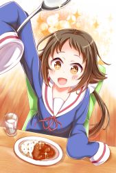 Rule 34 | 1girl, :d, arm up, bad id, bad pixiv id, blush, brown eyes, brown hair, chair, curry, food, glass, holding, long hair, low ponytail, mikakunin de shinkoukei, mitsumine mashiro, open mouth, plate, ponytail, ribbon, school uniform, serafuku, sitting, sleeves past wrists, smile, solo, sparkle, sparkling eyes, spoon, tipii, wooden floor