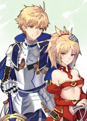 Rule 34 | 1boy, 1girl, ahoge, armor, arthur pendragon (fate), bare shoulders, blonde hair, braid, breastplate, clarent (fate), excalibur (fate/prototype), fate/grand order, fate (series), father and daughter, french braid, gauntlets, greaves, green eyes, hand on another&#039;s head, highres, mordred (fate), mordred (fate/apocrypha), pauldrons, ponytail, scrunchie, shigure s, shoulder armor, sword, weapon