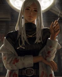 Rule 34 | 1girl, absurdres, belt, belt buckle, between fingers, black sweater, blood, blood on clothes, brown belt, buckle, cigarette, commentary, guweiz, hair ornament, hairclip, hand up, highres, holding, holding cigarette, jacket, long hair, long sleeves, looking at viewer, open clothes, open jacket, original, parted bangs, ribbed sweater, smoke, solo, sweater, symbol-only commentary, turtleneck, turtleneck sweater, upper body, white hair, white jacket