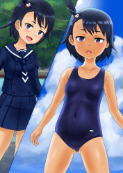 Rule 34 | 1girl, black hair, blue eyes, blue one-piece swimsuit, blush, breasts, collarbone, covered navel, fang, gluteal fold, highres, hodaka natsumi, houkago teibou nisshi, looking at viewer, multiple views, one-piece swimsuit, open mouth, outdoors, school swimsuit, school uniform, serafuku, shiny skin, short hair, small breasts, smile, swimsuit, tsumazu